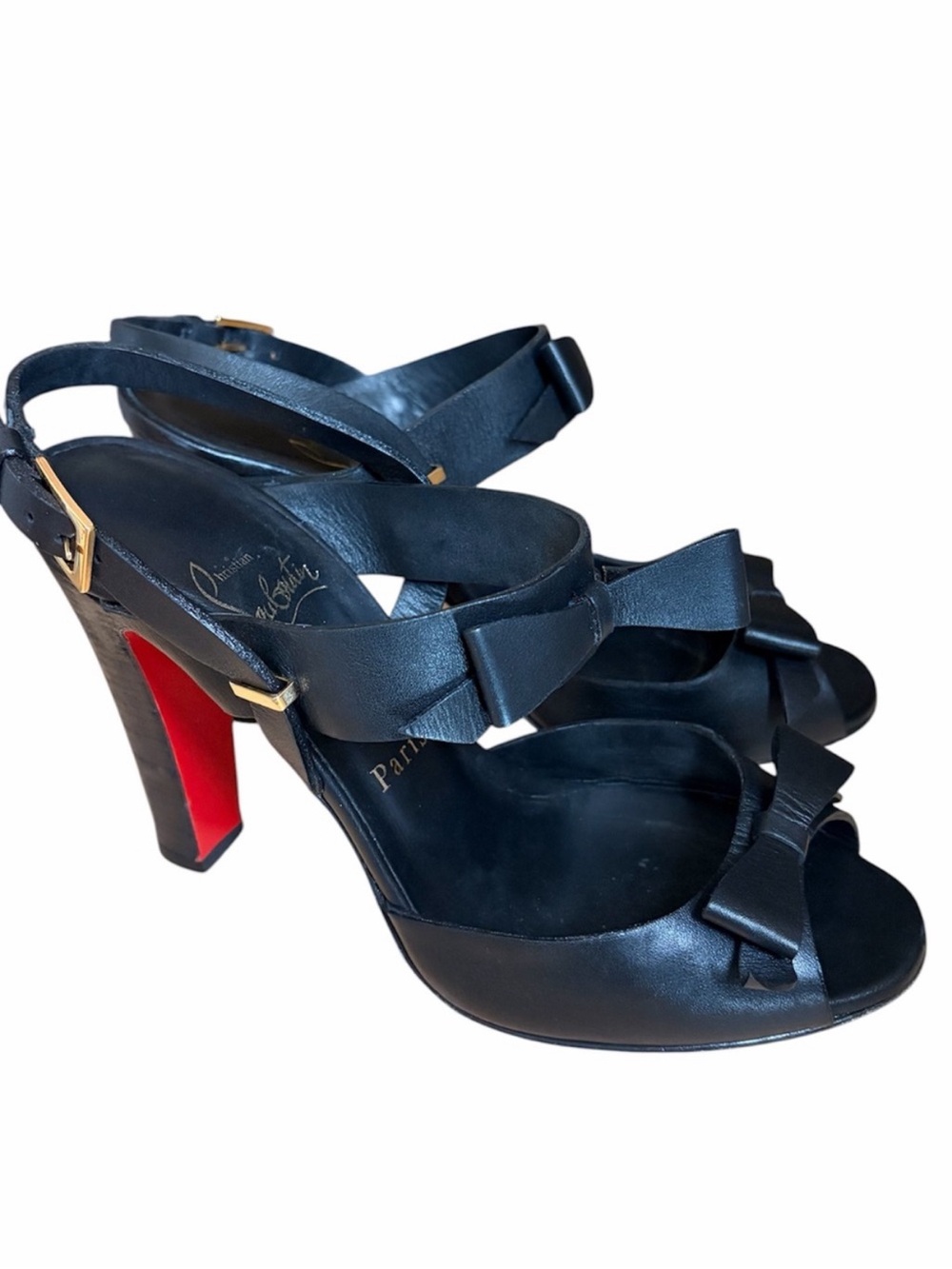 Christian Louboutin Black Leather Bow Peep-Toe Slingback Heels